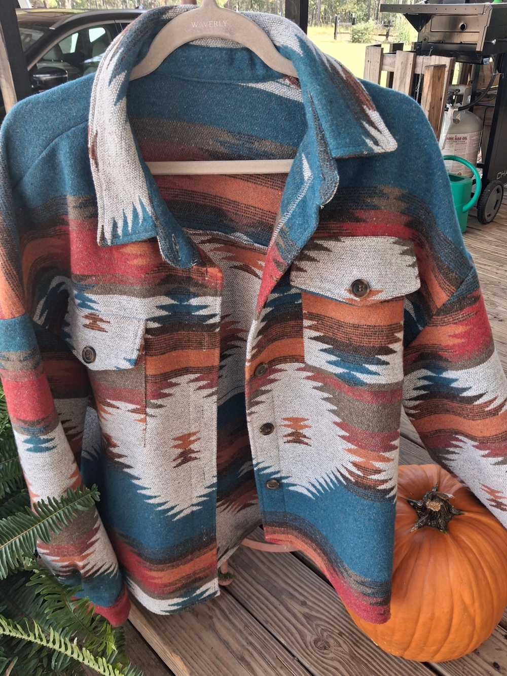 Waverly Teal Rust Cream Southwestern Button-Front Knit Jacket
